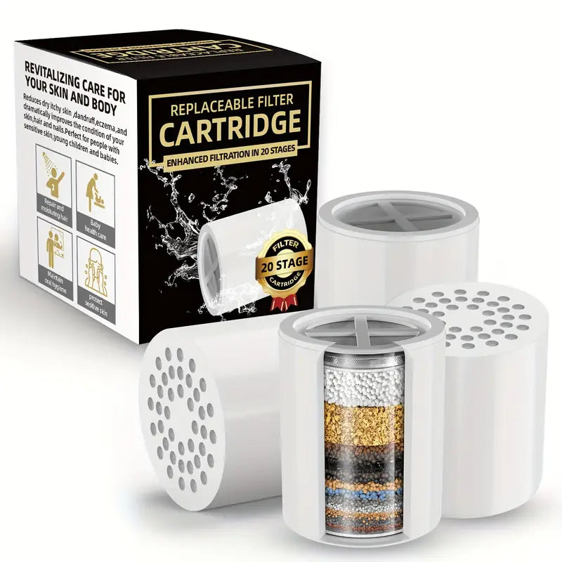 CrystalFlowQ 20-Stage Shower Filter Replacement Cartridge, 1/2/4pcs - Removes Chlorine & Heavy Metals for Healthier Skin, Hair & Nails